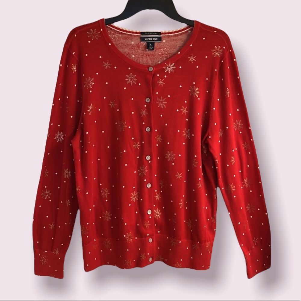❌ SOLD ❌Lands End ❄️ Red Cardigan w Gold Snowflakes - Picture 1 of 5